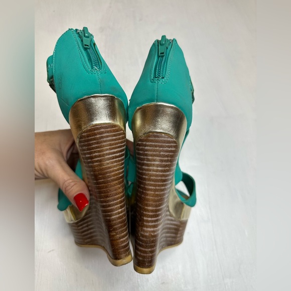 JustFab HollyN Turquoise Wedge Heels Women’s 6.5 Platform Sandals Zip Back - Picture 6 of 12